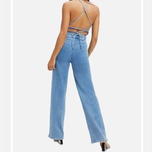 backless jeans jumpsuit, wide leg, highwaisted, sz S. Had this hemmed fits 5’4